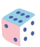 An animated die rolling, showing pink and blue sides.